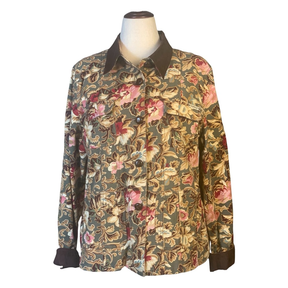 Longaberger Homestead Floral Canvas Chore Jacket Brown Faux Suede Trim XL